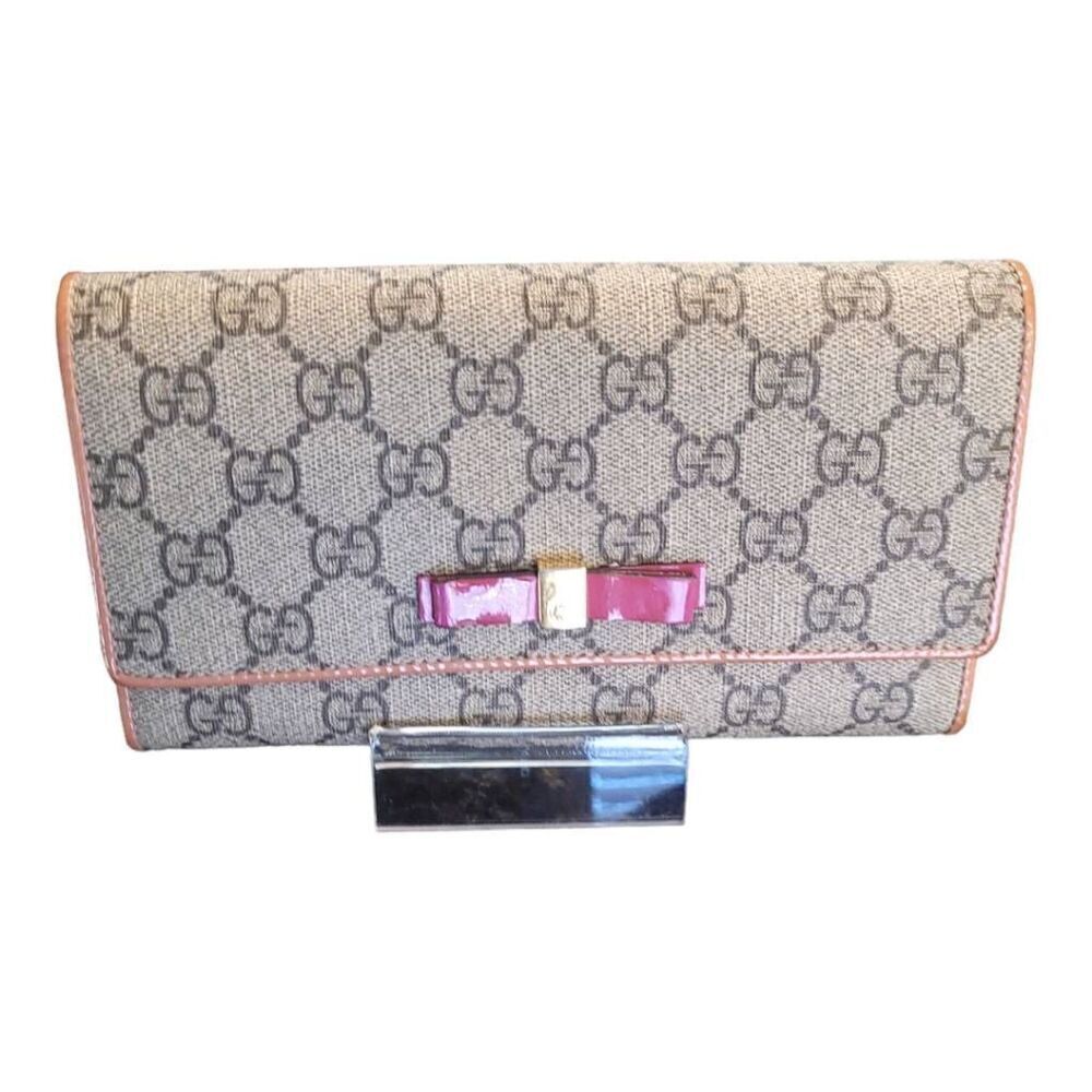 Gucci Coated Canvas Monogram Long Wallet with Pink Bow and Orange Interior EUC